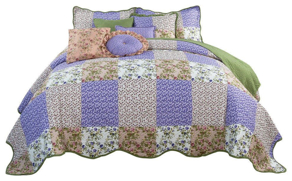 Patchwork Quilted 8-Piece Bed Spread Coverlet Set, Pink, King