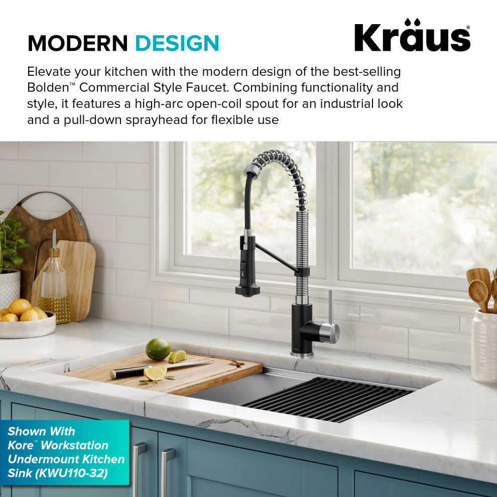 Bolden Commercial Style 2-Function Pull-Down 1-Handle 1-Hole Kitchen Faucet, Spot-Free Stainless Steel/ Matte Black