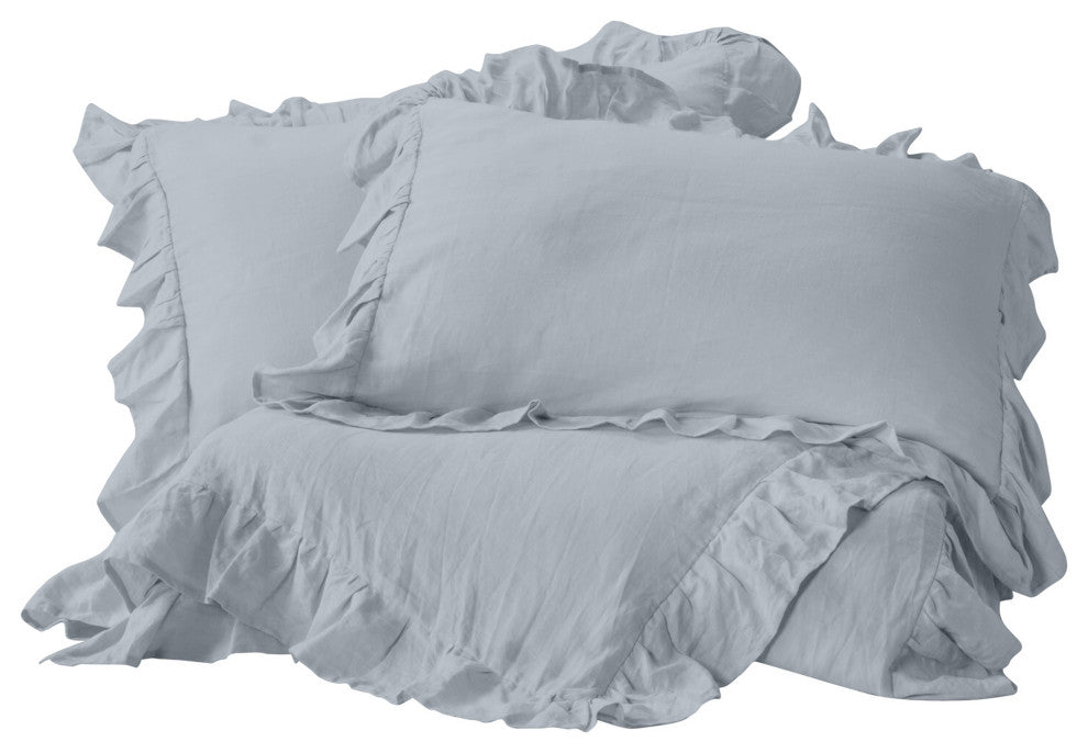 Organic Cotton 300 TC GOTS Certified 8 Internal Ties Ruffled Duvet Set, Light Blue, King(108"x92")