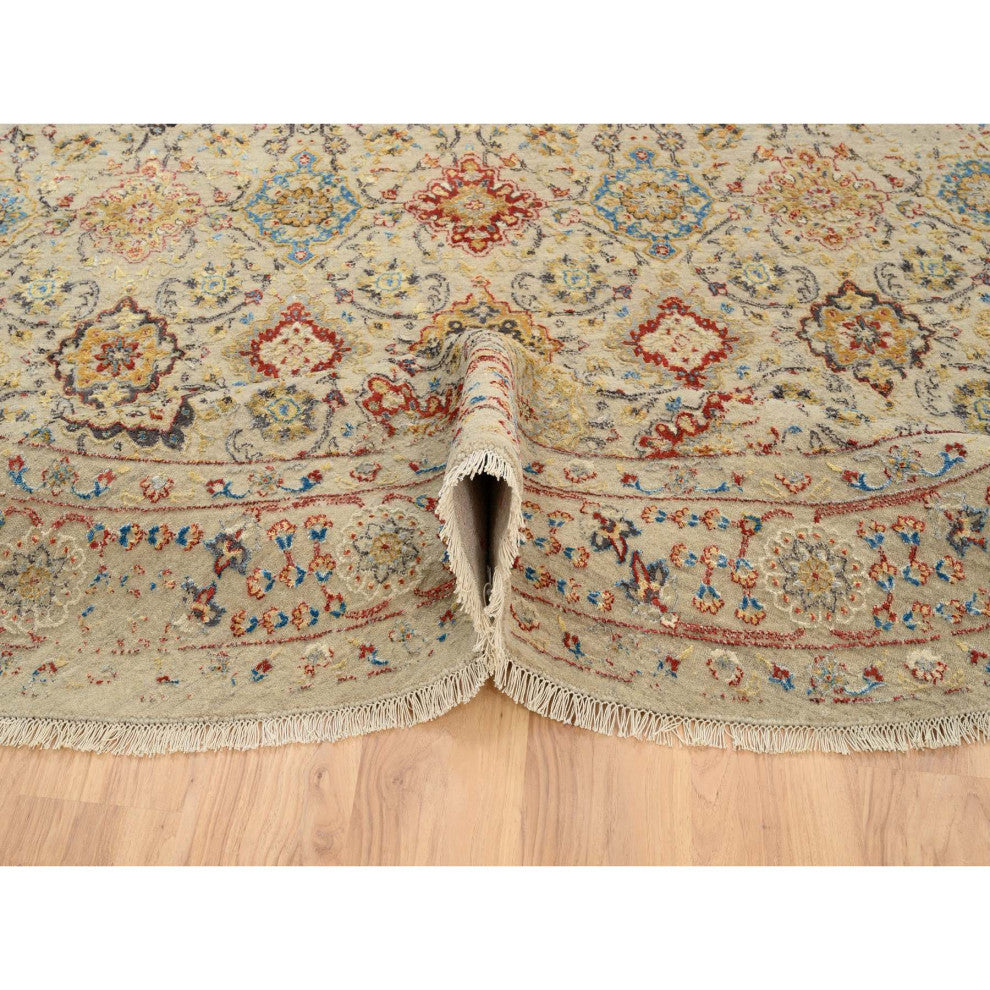 Beige, Wool and Pure Silk, Hand Knotted, Oriental, Round, Rug, 8'9" x 8'9"
