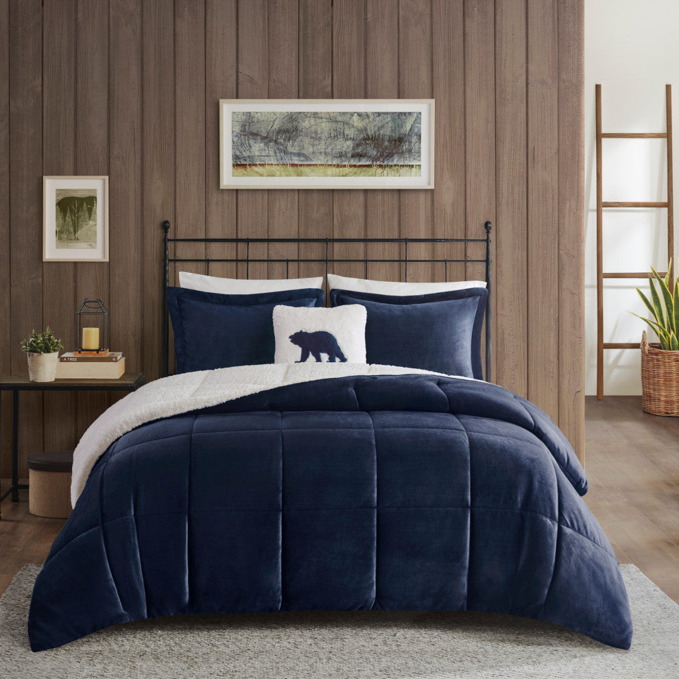 Woolrich Alton Plush to Sherpa Winter Comforter Set, Navy Blue, King