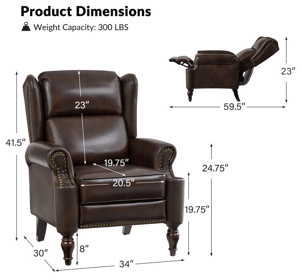 Genuine Leather Manual Recliner With Brass Nailhead, Espresso