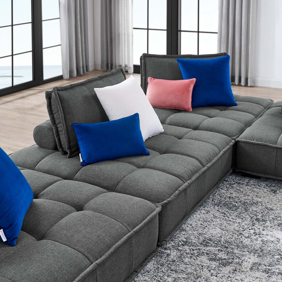 Modular Deep Tufted Sectional Sofa Set, Gray, Fabric, Modern, Hospitality
