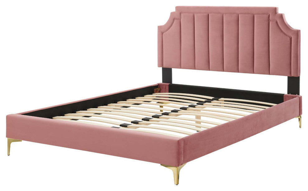 Platform Bed Frame, King Size, Velvet, Pink, Modern Contemporary, Bedroom Master