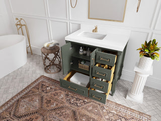 Aberdeen 36 Left Offset Bath Vanity in Pewter Green 2" Carrara Quartz