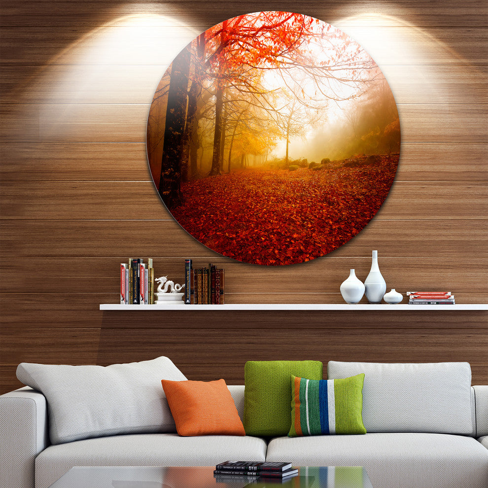 Yellow Sun Rays In Red Forest, Landscape Photo Round Metal Artwork, 36"