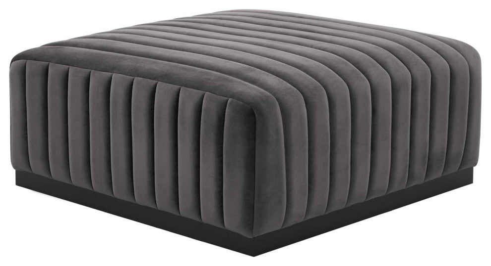 Conjure Channel Tufted Performance Velvet Ottoman, Black Gray