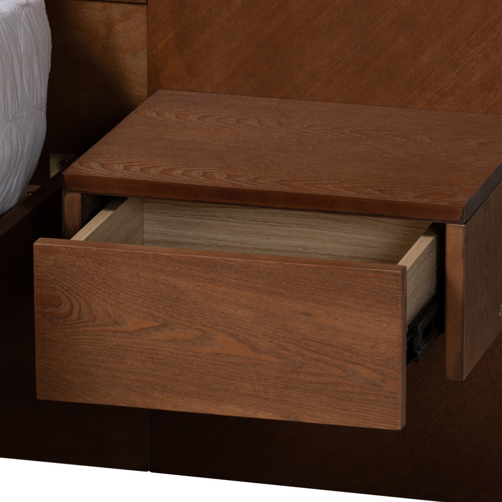 Graham Ash Walnut Wood Queen Size Platform Storage Bed with Built-In Nightstands