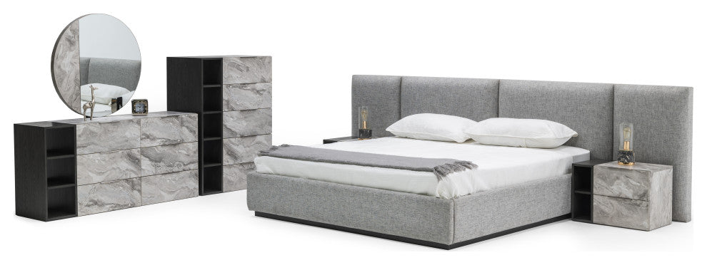 Nova Domus Maranello Gray Bed and 2 Nightstands, Queen