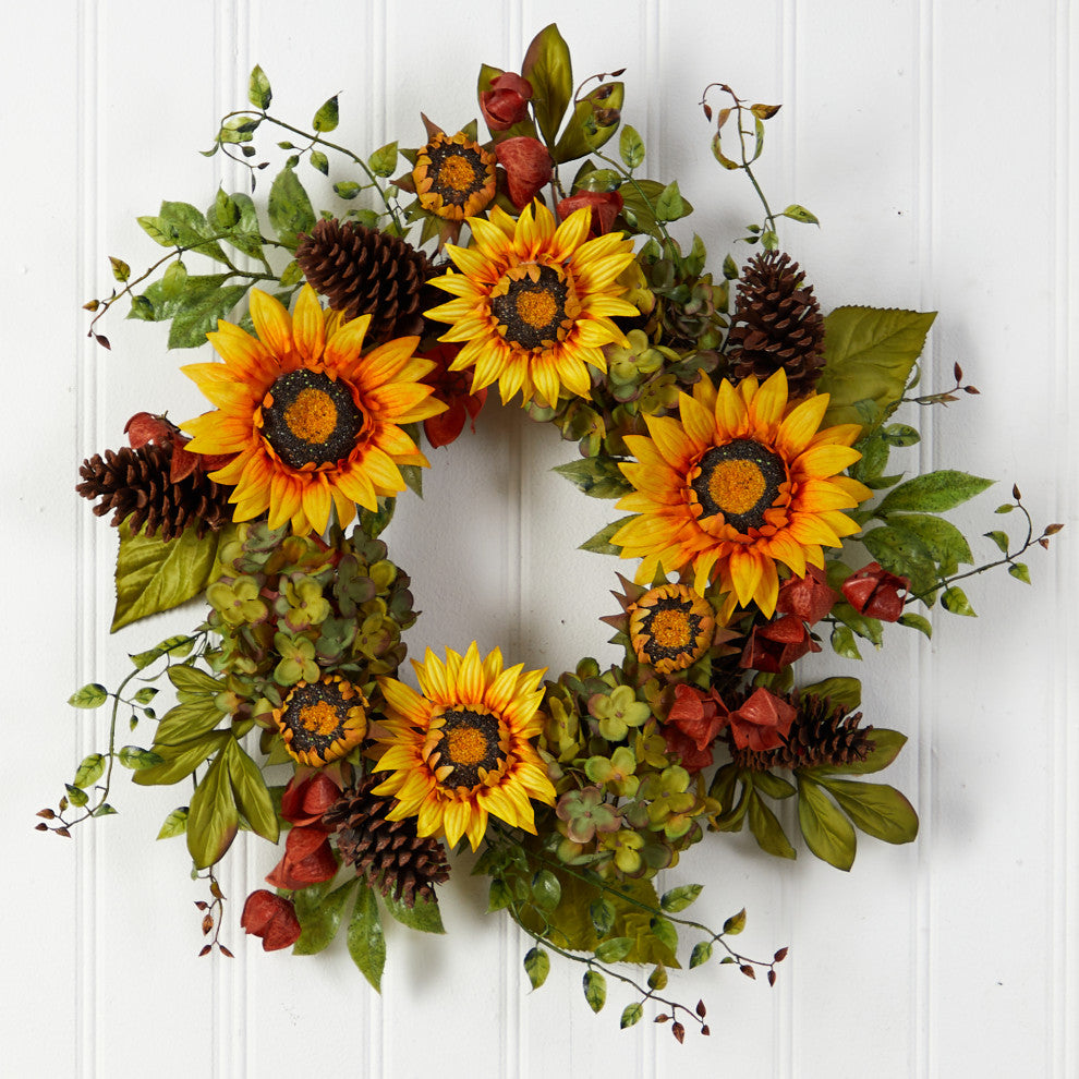 W1226 26 Fall Hydrangea, Sunflower and Pinecones Artificial Autumn Wreath