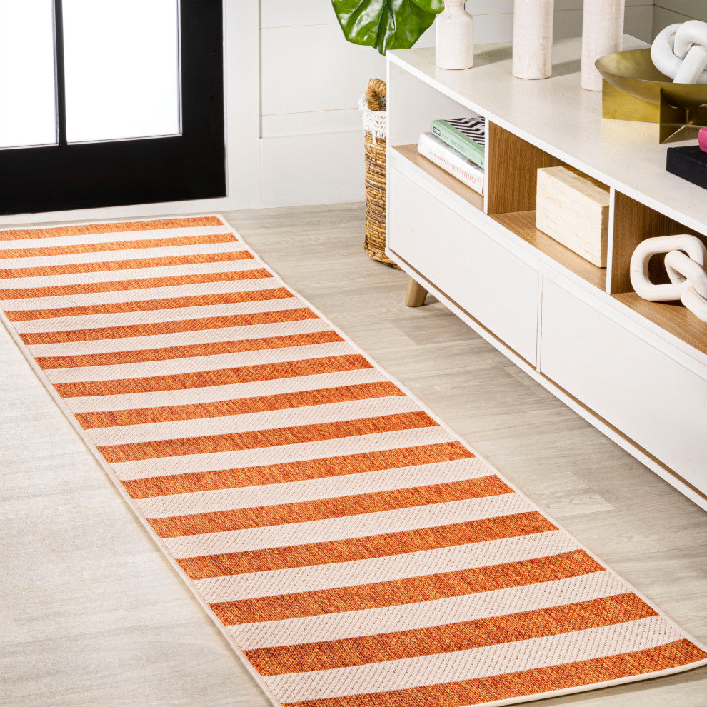 Negril Two-Tone Wide Stripe Indoor/Outdoor Area Rug, Orange/Beige, 2x8