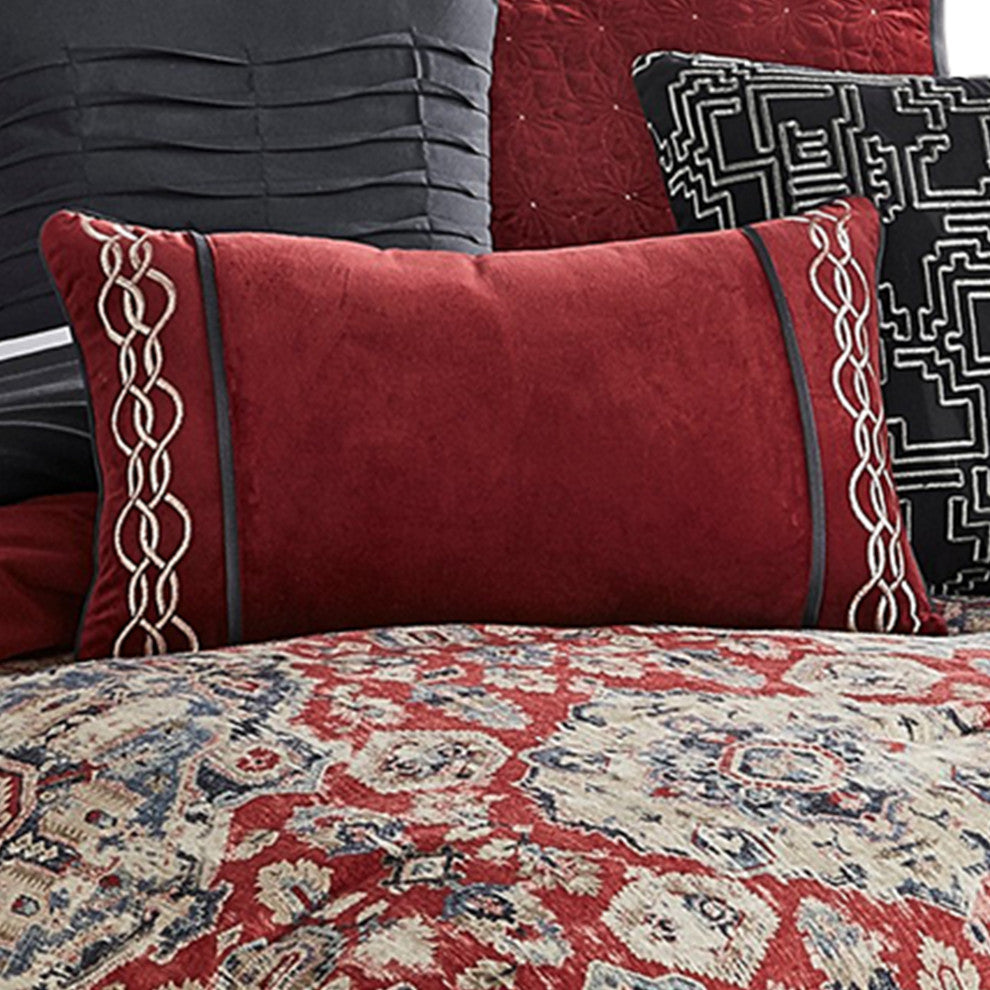 Benzara BM225195 10 Piece King Size Comforter Set with Medallion Print, Red/Blue