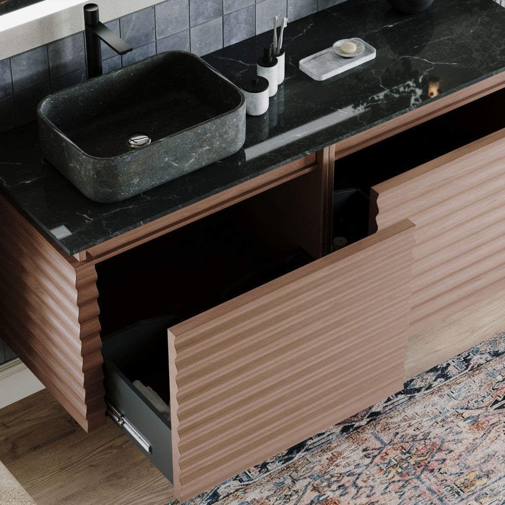 The Accordion Bathroom Vanity, Chestnut Oak, 60", Left Single Sink, Wall Mount