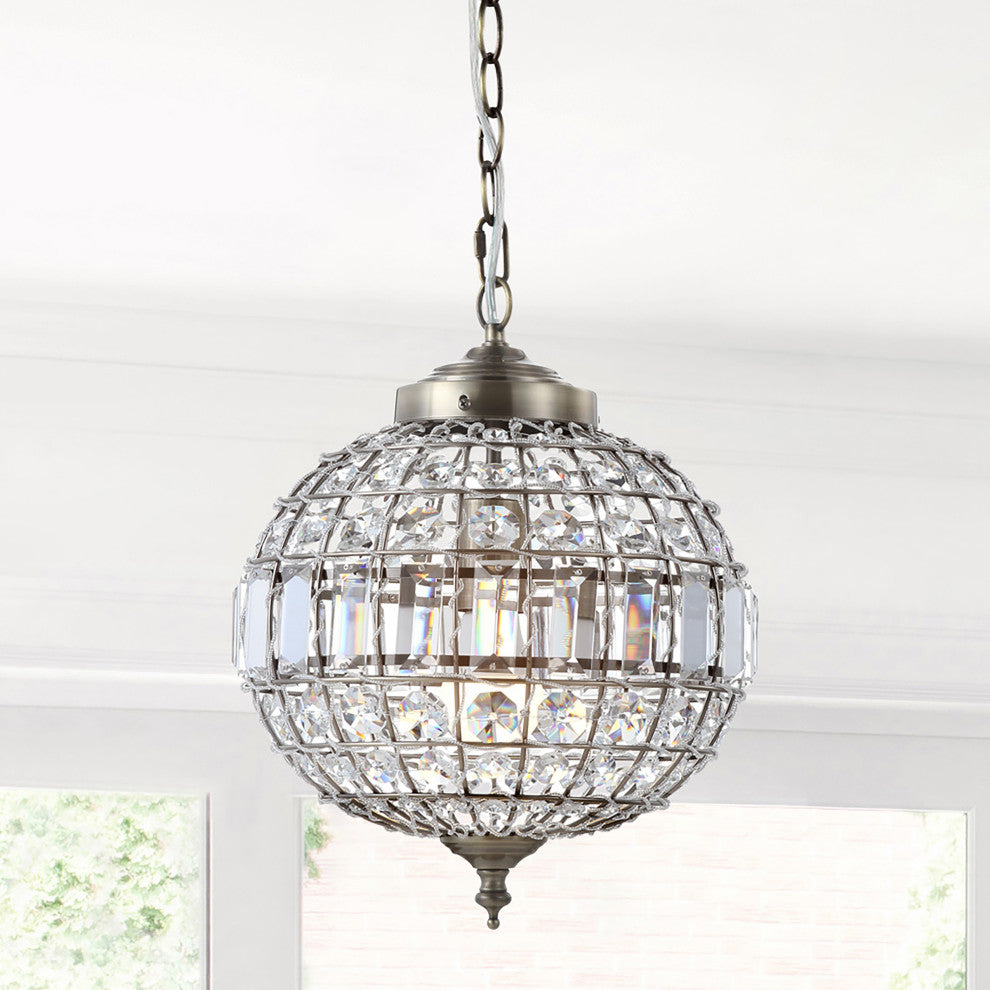 Georgina Crystal, Metal LED Chandelier Pendant, Antique Brass, 12"