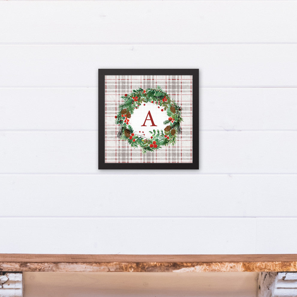 Holiday Gray Plaid Monogram Wreath A 12x12 Black Framed Canvas