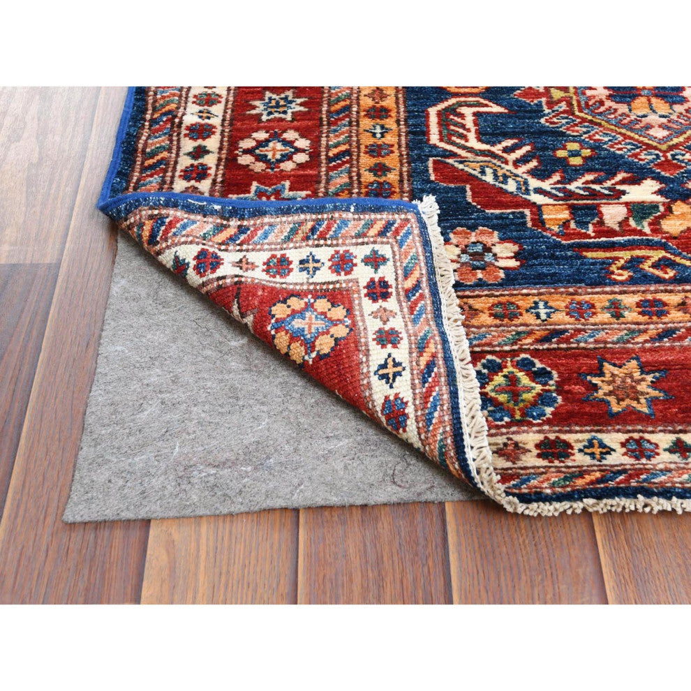 Shiny Wool Hand Knotted Navy Blue Afghan Super Kazak Runner Rug, 2'10" x 11'0"