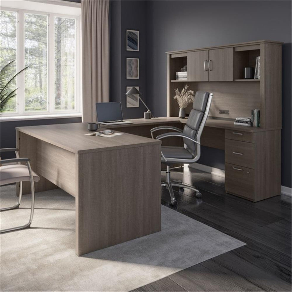 Bestar Logan Modern Wood U Shape Computer Desk with Hutch in Bark Gray
