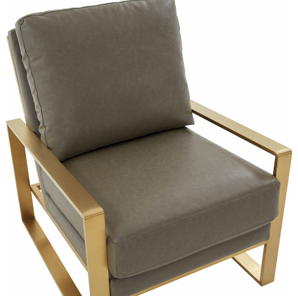 LeisureMod Jefferson Faux Leather Accent Armchair With Gold Frame, Grey