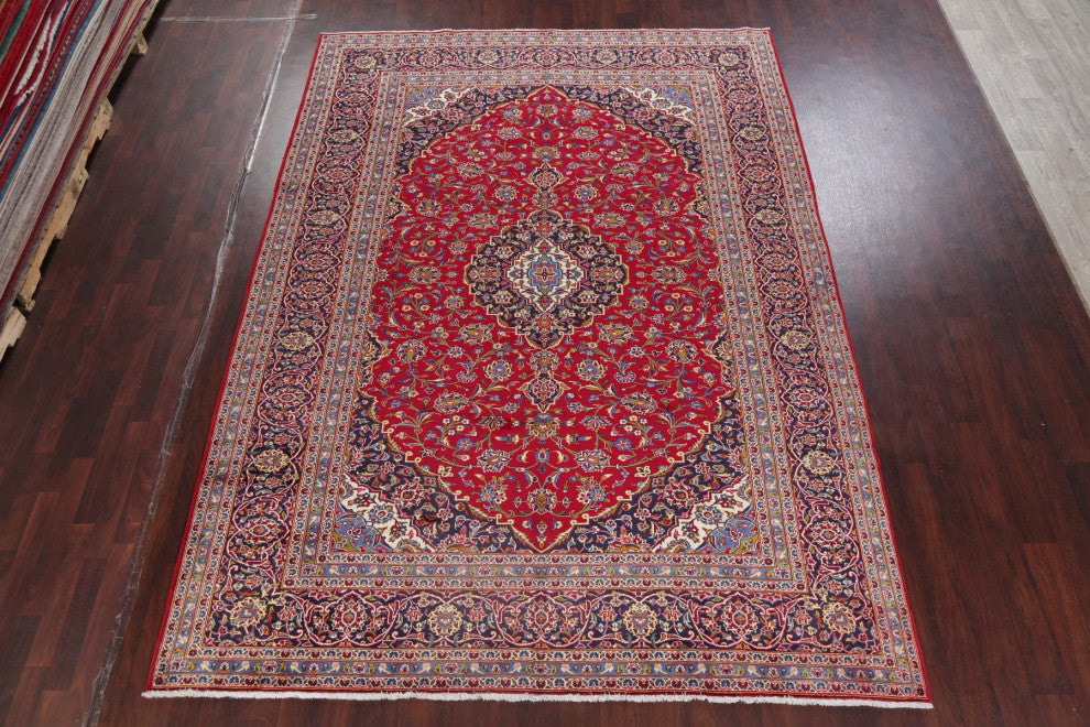 Consigned, Kashan Hand-Knotted Oriental Traditional Persian Area Rug, Red, 8x12