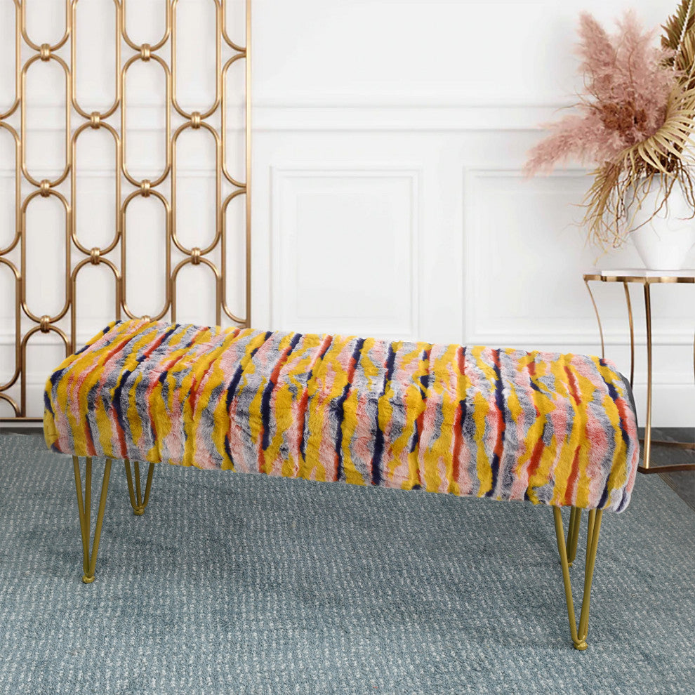 Multi Jacquard Faux Fur Ottoman, Orange, 46"x16"x7"
