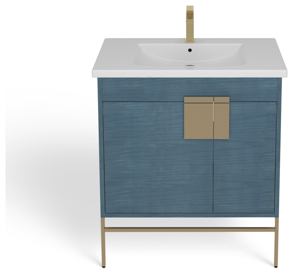 Lockhart Bath Vanity, French Blue, 30", Satin Brass Hardware, Single Sink, Freestanding