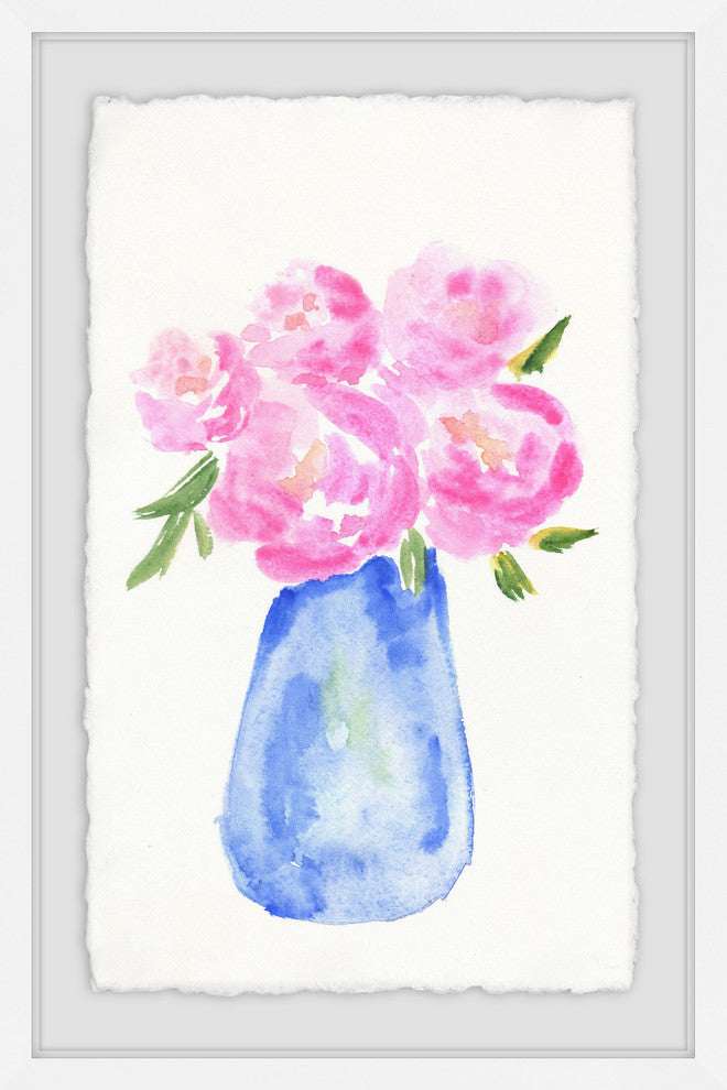 "Pink Flowers Blue Vase" Framed Painting Print, 12"x18"