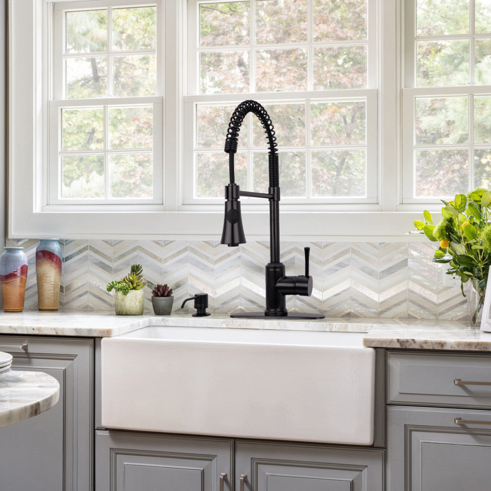 Copper Pre-Rinse Spring Kitchen Faucet with Pull Down Sprayer, Matte Black