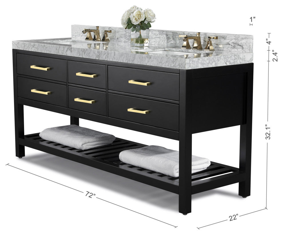 Arcadia Bath Vanity, Black Onyx, 72", Gold Hardware, Double, Freestanding