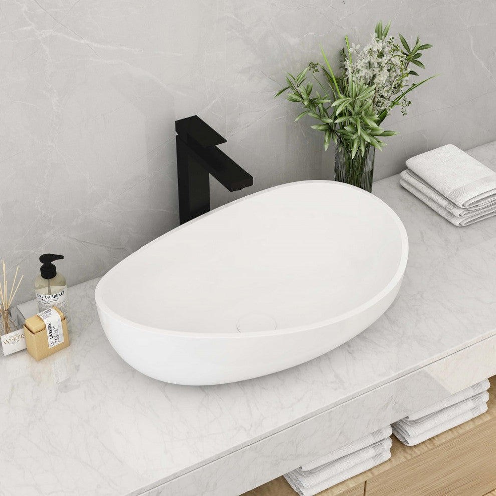 Bathroom Stone Resin Oval Vessel Sink Modern Art Sink with Pop Up Drain, Glossy White