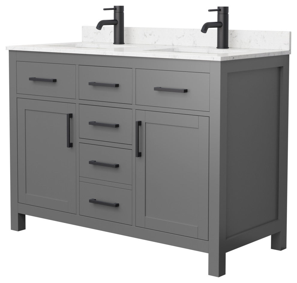 48"DBL Vanity Dark Gray, Carrara Cult. Marble Countertop, Sinks, Black Trim