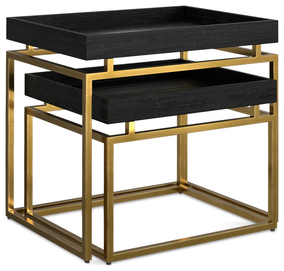 Macy Solid Mango Wood 2 Pc Nesting Table, Black, Gold