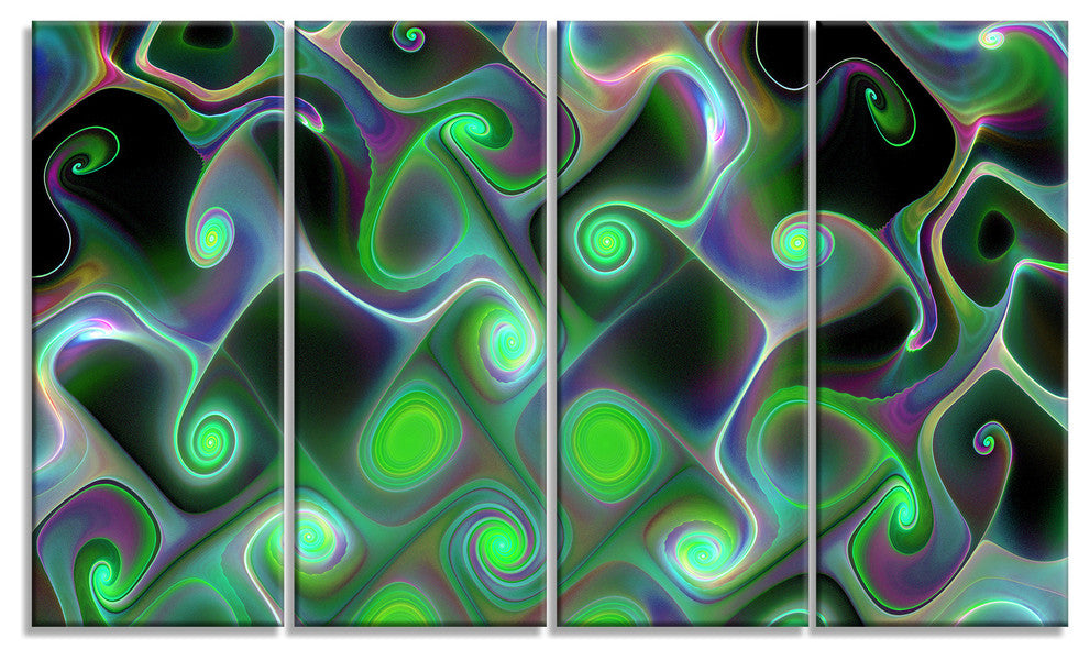 Dark Green Fractal Swirls, Abstract Wall Art Canvas, 48"x28", 4 Panels
