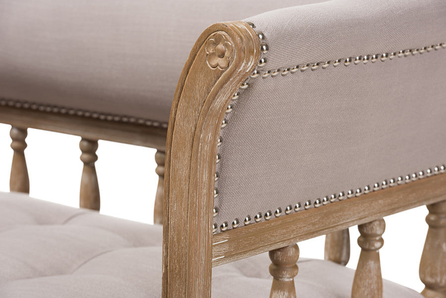 Nora Swedish Gustavian Style Distressed Oak Wood Linen Upholstered Sofa Settee