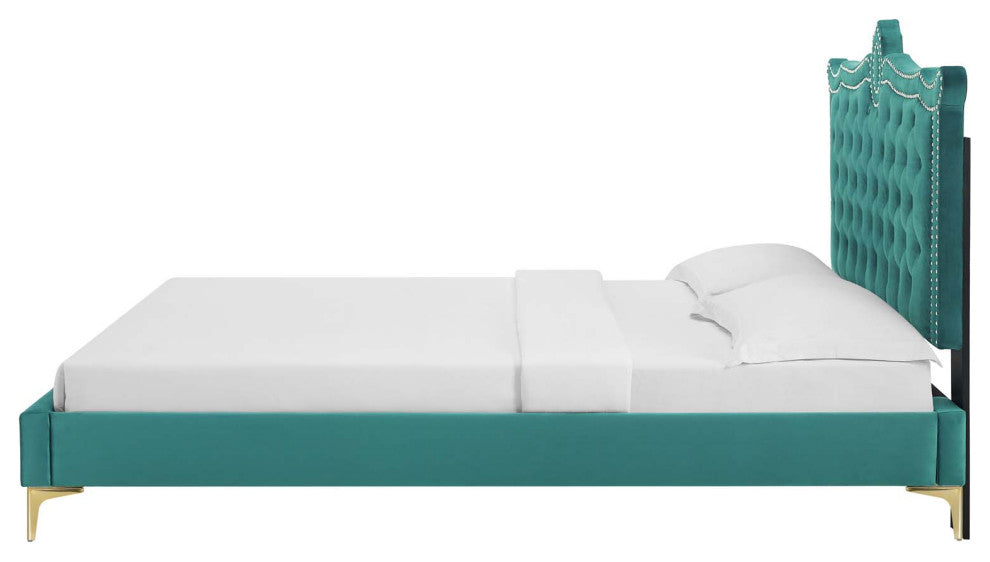 Platform Bed Frame, Nailhead, Queen Size, Teal Blue, Velvet, Modern