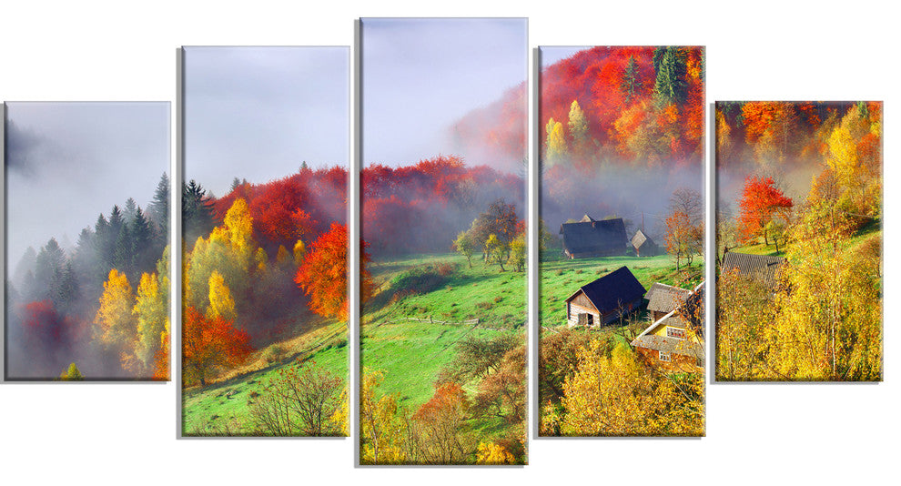 Colorful Autumn Landscape in Mountains, Landscape Canvas Art, 60"x32", 5 Panels