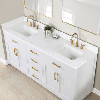 Gavino Vanity With Grain White Composite Stone Top, White/Brushed Gold, 72", No Mirror