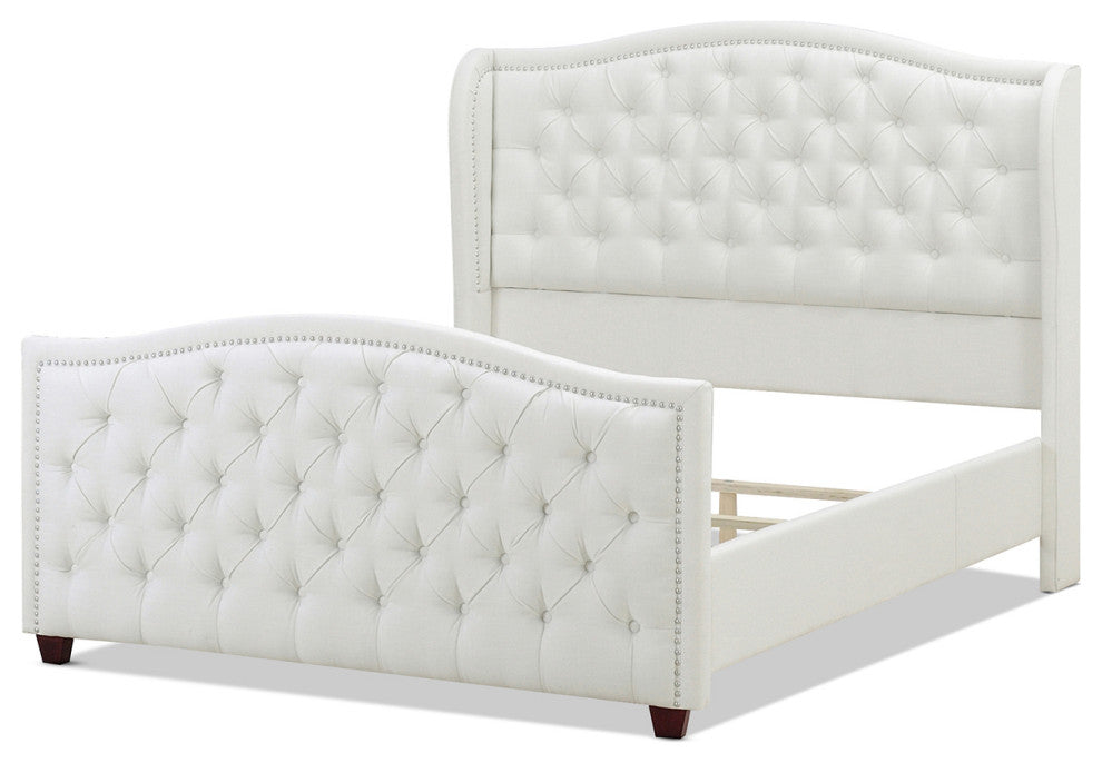 Marcella Upholstered Tufted Shelter Wingback Panel Bed, Antique White Polyester, Queen