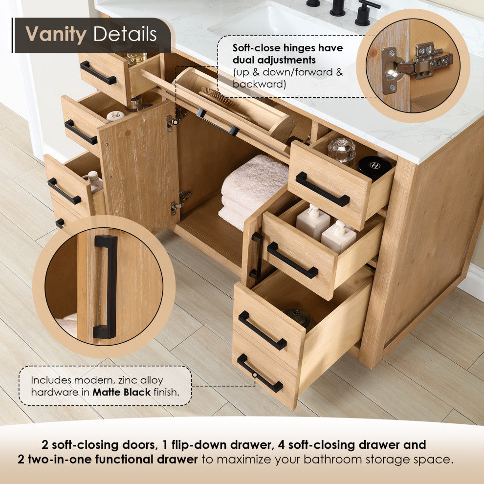 Gavino Vanity With Grain White Composite Stone Top, Light Brown/Matte Black, 42", With Mirror