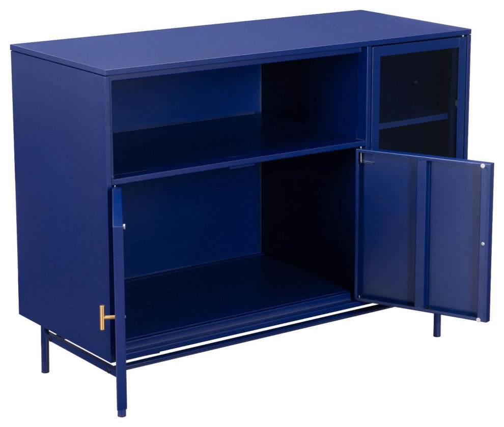 Bar Cabinet, Glass, Metal, Blue, Clear, Gold, Bar Kitchen Pub Cafe Bistro