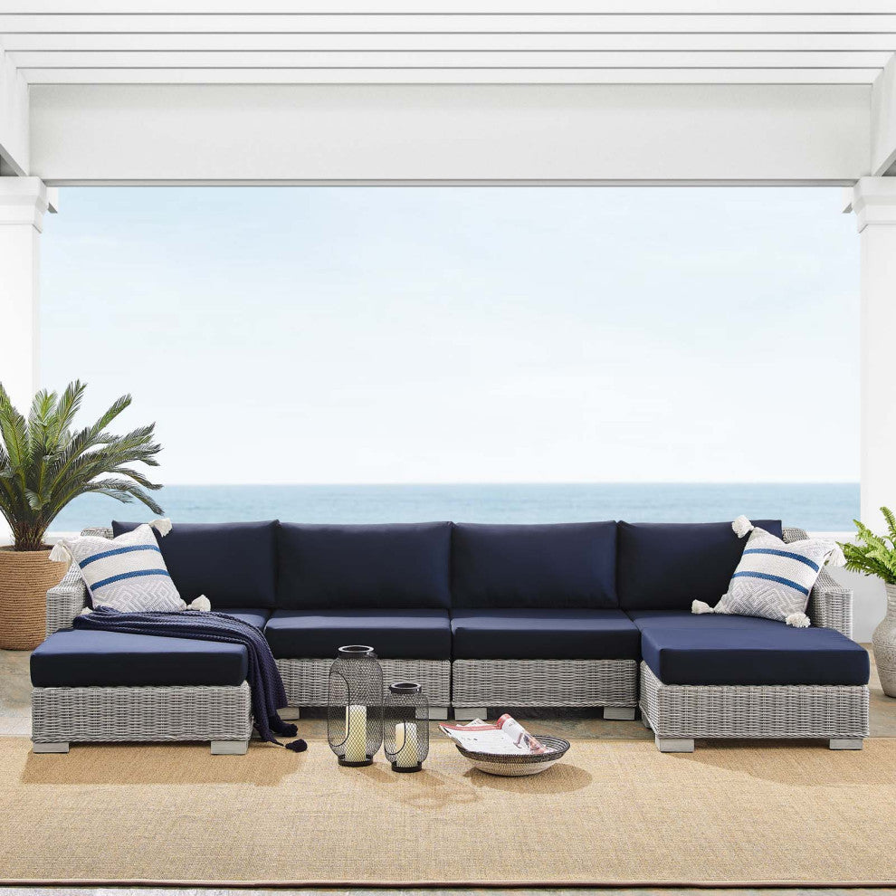 Lounge Sectional Sofa Set, Rattan, Wicker, Gray Blue Navy, Modern, Outdoor