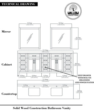 Willow Collections Malibu Vanity, Navy Blue, Calacatta Quartz, 84"