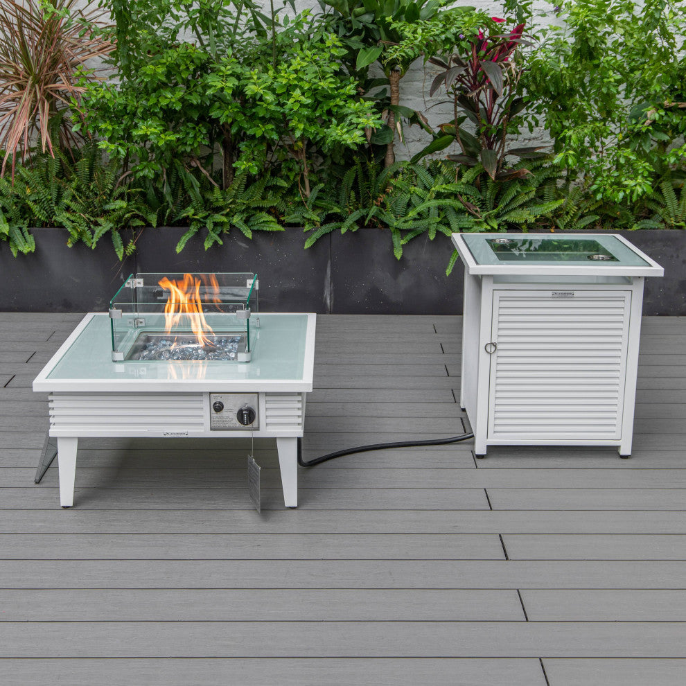 LeisureMod Walbrooke White Patio Conversation Set With Fire Pit, Light Gray