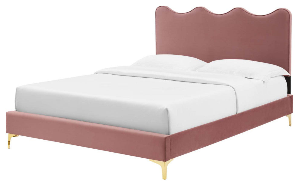 Platform Bed Frame, Queen Size, Pink, Velvet, Modern, Bedroom Guest Suite