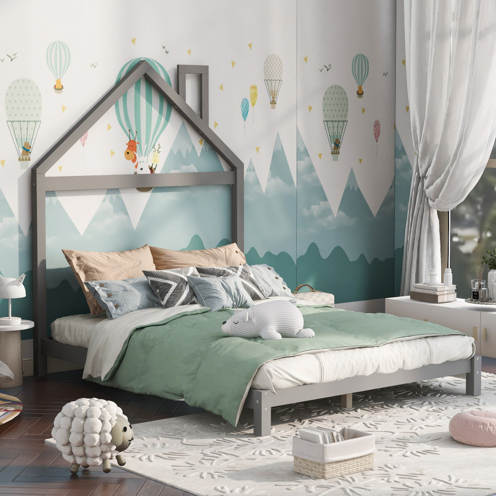 Gewnee Wood Full Size Platform Bed with House Shaped Headboard in Gray