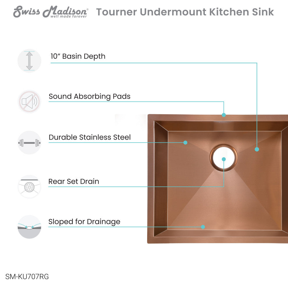 Tourner 21"x18" Stainless Steel, Single Basin, Undermount Sink, Rose Gold
