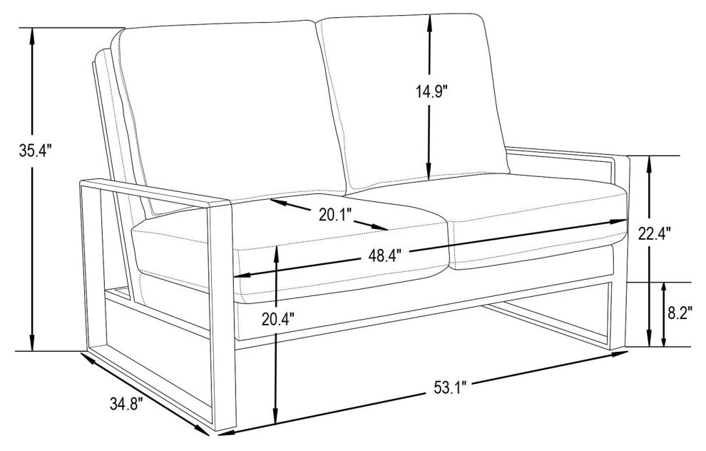 LeisureMod Jefferson Modern Faux Leather Loveseat With Silver Frame, Black