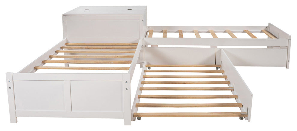 Twin Wood Frame Platform Bed with Trundle and Drawers , White, Twin