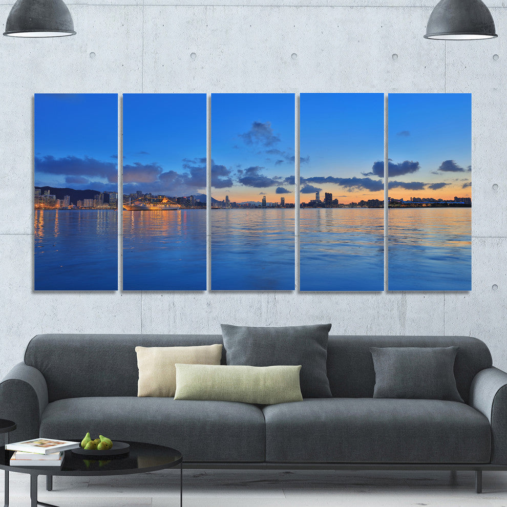 Hong Kong Skyline at Summer Night, Abstract Wall Art Canvas, 60"x28", 5 Panels