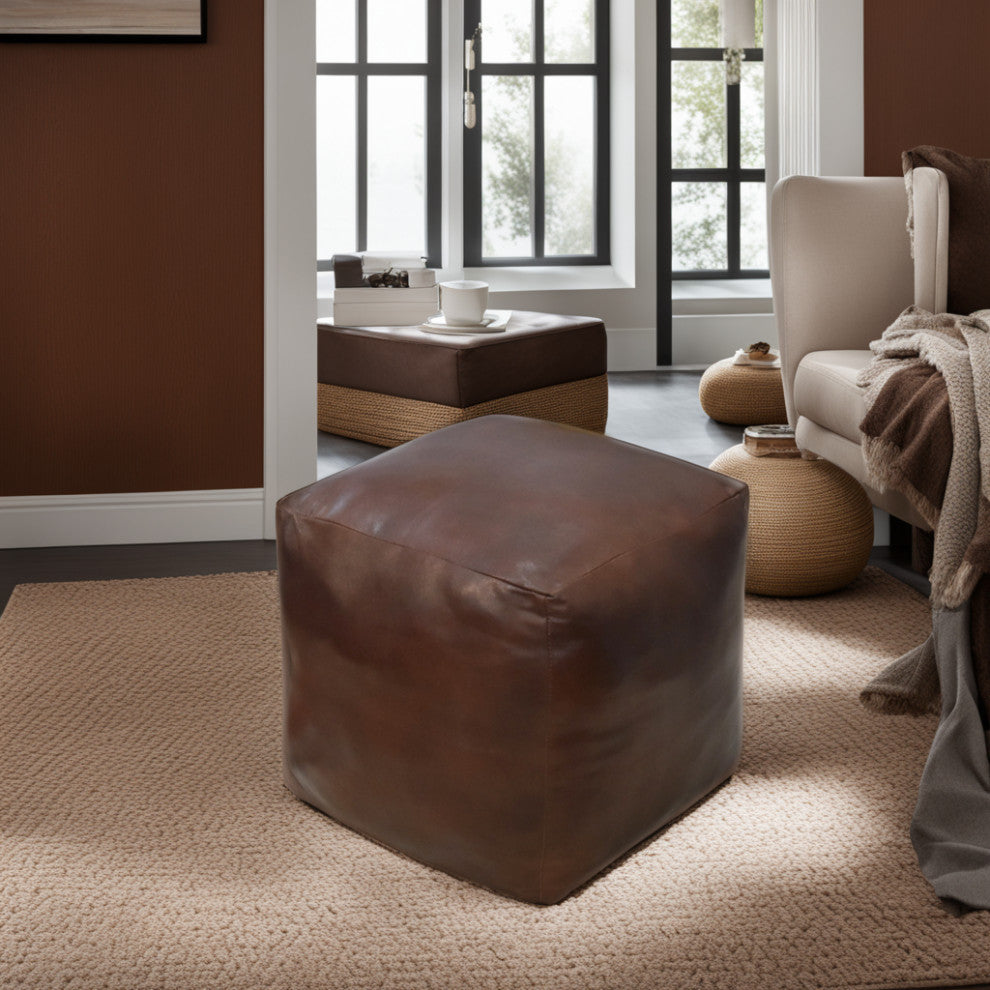 Poufs-Solid Goat Leather Pouf, Handmade (Recycled Cotton Fill), (Square]14x14x14
