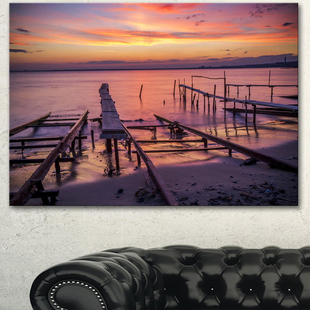 Fishing Pier in Sea at Sunset, Seashore Canvas Art Print, 40"x30"